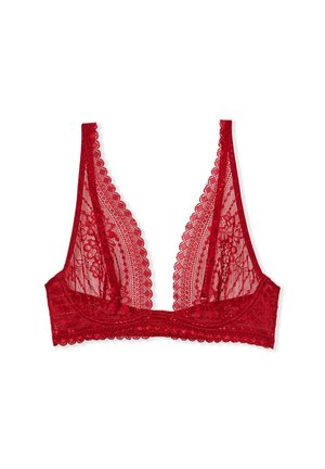 Red lace bralette with floral patterns, scalloped edges, and a deep V neckline, shown flat on a white background.
