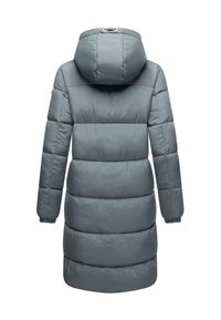 Grijze pufferjas met een capuchon, voorzien van een gestikt ontwerp, verticale naden en elastische manchetten. Glad textuur met een gestroomlijnde pasvorm.