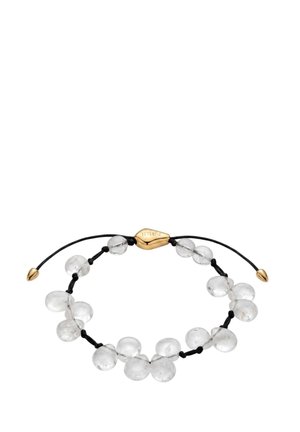 Adjustable black cord bracelet with clusters of clear round beads and a gold-toned clasp engraved with "Purelei."