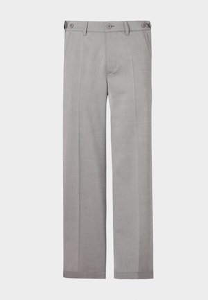 Grå skreddersydde bukser med rette ben, laget av glatt stoff. Har to frontlommer og dobbel knappelukking i livet.