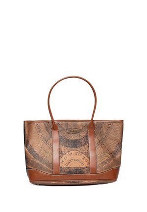 Borsa a spalla in tela marrone testurizzata con design circolare e scritte nere; manici e base in pelle per una maggiore durata.