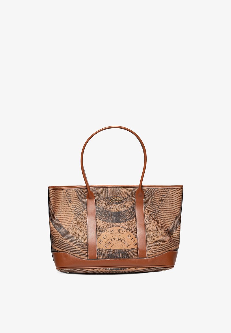 Tote-Bag aus braunem Textil mit strukturiertem Canvas, das ein kreisförmiges Design und schwarze Schriftzüge zeigt; mit Ledergriffen und -boden für zusätzliche Langlebigkeit.