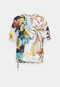 Blomsterprint kortærmet top med flerfarvede blomster og blade på en hvid baggrund, med en sidelænket detalje for justerbar pasform.