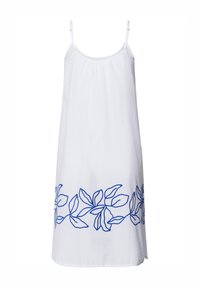 Vestido sin mangas blanco con bordado floral azul en el dobladillo, hecho de una tela ligera; presenta una silueta suelta en forma de A y tirantes ajustables.