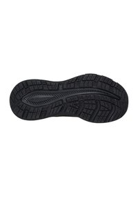 Schwarze Gummisohle mit tiefen Profilmustern für Traktion, mit einem gebrandeten Mittelbogen und strukturierten Griffzonen.