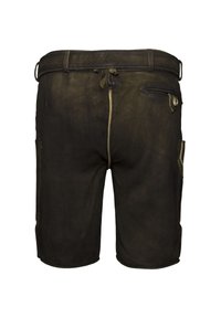 Pantalones cortos tradicionales de cuero marrón oscuro con pasadores para cinturón, bolsillo trasero con botón y costuras decorativas, mostrados desde la parte posterior.