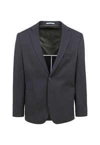 Zwarte blazer van een gladde stof met een reverskraag, sluiting met één knoop, twee voorkanten zakken en een satijnen gevoerde binnenkant.