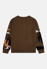 Maglione marrone con motivi colorati di montagne e alberi sulle maniche. Presenta un collo rotondo e polsini a coste. Texture lavorata a maglia.