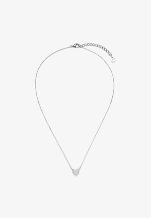Collana con catena in argento con un piccolo pendente a forma di cuore incastonato con pietre trasparenti e chiusura regolabile a moschettone.