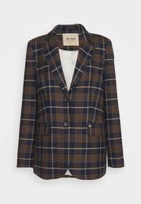 Námořnický modrý a hnědý károvaný blazer s klopou, dvěma kapsami a zapínáním na dva knoflíky. Texturovaná tkanina s kontrastními bílými pruhy.