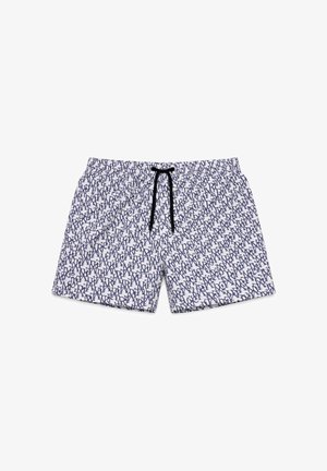 Costume da bagno bianco con motivo astratto a scrittura blu navy su tutta la superficie e coulisse nera in vita elastica.