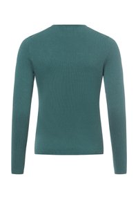 Lange mouw sweater in teal, gemaakt van gebreide stof. Heeft een ronde halslijn, slim fit, en ribbelmanchetten en -zoom. Geen zichtbare patronen.