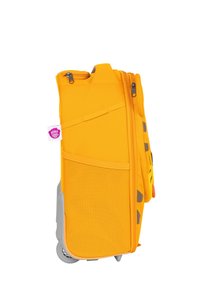 Yellow wheeled backpack with textured fabric, a gray bottom, a front pocket, and black accents. Features dual zippers and a branded tag.