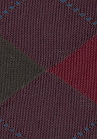 Dziana tkanina z diamentowym wzorem w ciemnej czerwieni, burgundzie i brązie, podkreślona bordiem z małych niebieskich ściegów.