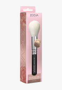 ZOEVA puderborste i svart med ett runt vit borstehuvud, förpackad i rosa emballage med guldfärgade accenter och en bästsäljare-label.