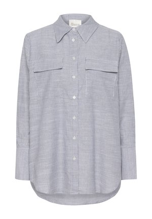 Striped button-up shirt in blue and white. Features a classic collar, two chest pockets, and long sleeves with buttoned cuffs.