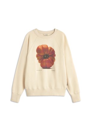 Crème sweatshirt met een grote afbeelding van een rood-oranje tomaat op de voorkant. Geribbelde mouwen en zoom, met een ontspannen pasvorm en zachte textuur.
