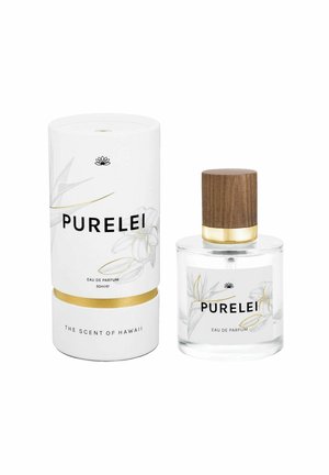 Flacon de parfum en verre clair avec un capuchon en bois, entouré d'une boîte cylindrique blanche avec des accents dorés et des illustrations florales.