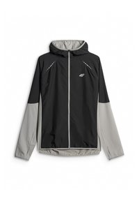 Veste à capuche noire et grise avec fermeture éclair sur le devant, manches longues et logo "4F" sur la poitrine, présentée sur fond blanc.