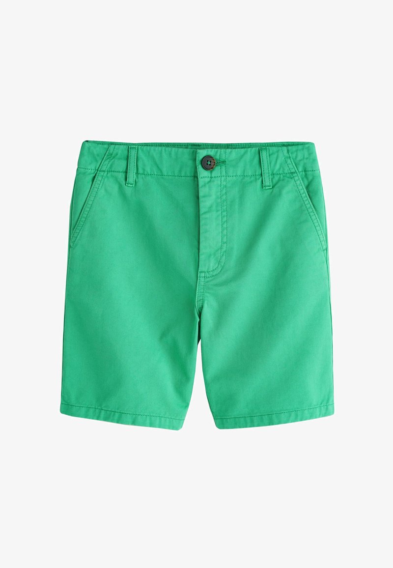 Shorts verts à coupe droite avec poches avant, passants pour ceinture et fermeture à bouton sur fond blanc.