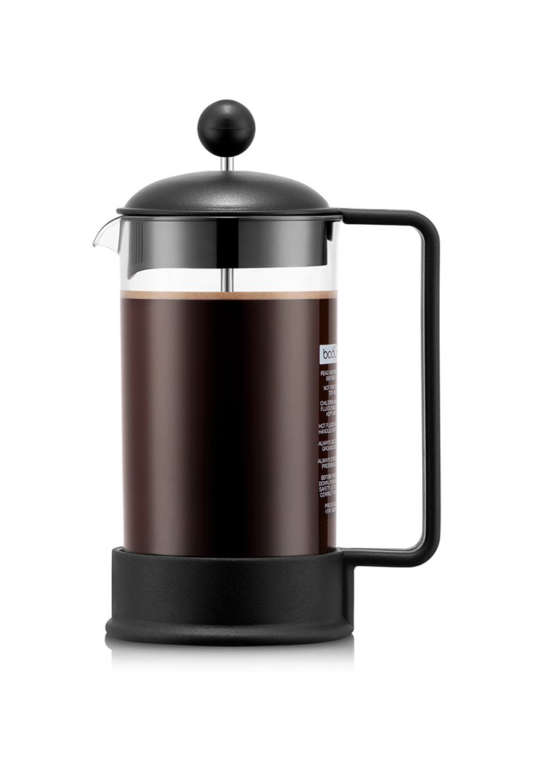Cafetera francesa negra con cuerpo de cristal transparente, base de plástico negro y tapa redondeada con una esfera en la parte superior.
