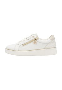 Weißer Sneaker mit glattem Lederobermaterial, Reißverschlussdetails,prägtem Muster an der Seite, goldenen Akzenten und strukturiertem Gummisohle.
