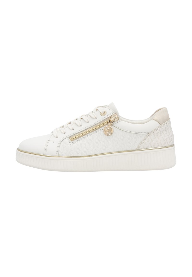 Weißer Sneaker mit glattem Lederobermaterial, Reißverschlussdetails,prägtem Muster an der Seite, goldenen Akzenten und strukturiertem Gummisohle.