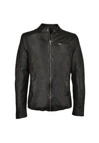 Schwarze Lederjacke mit hohem Kragen, Reißverschluss vorne und seitlichen Taschen. Besitzt gepolsterte Details an Schultern und Ärmeln. Glatte Textur.