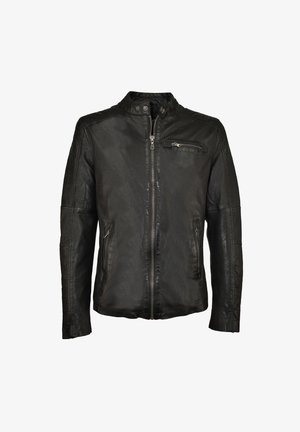 Schwarze Lederjacke mit hohem Kragen, Reißverschluss vorne und seitlichen Taschen. Besitzt gepolsterte Details an Schultern und Ärmeln. Glatte Textur.