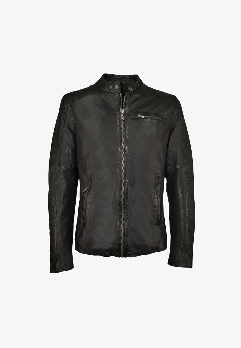 Schwarze Lederjacke mit hohem Kragen, Reißverschluss vorne und seitlichen Taschen. Besitzt gepolsterte Details an Schultern und Ärmeln. Glatte Textur.
