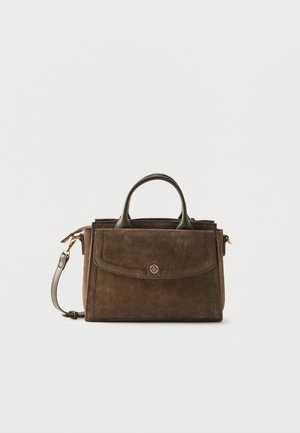 Brown suede handbag with top handles, front flap pocket with button detail, and detachable shoulder strap on a plain background.