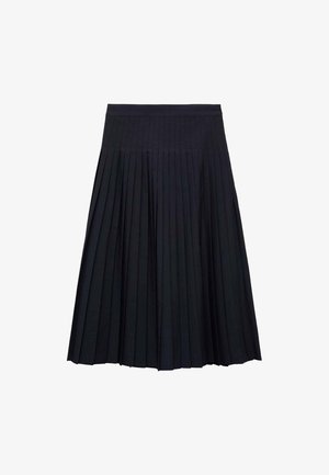 Fustă plisată neagră cu un talie ajustată, fabricată dintr-un material texturat, având pliseuri verticale care se extind până la margine.