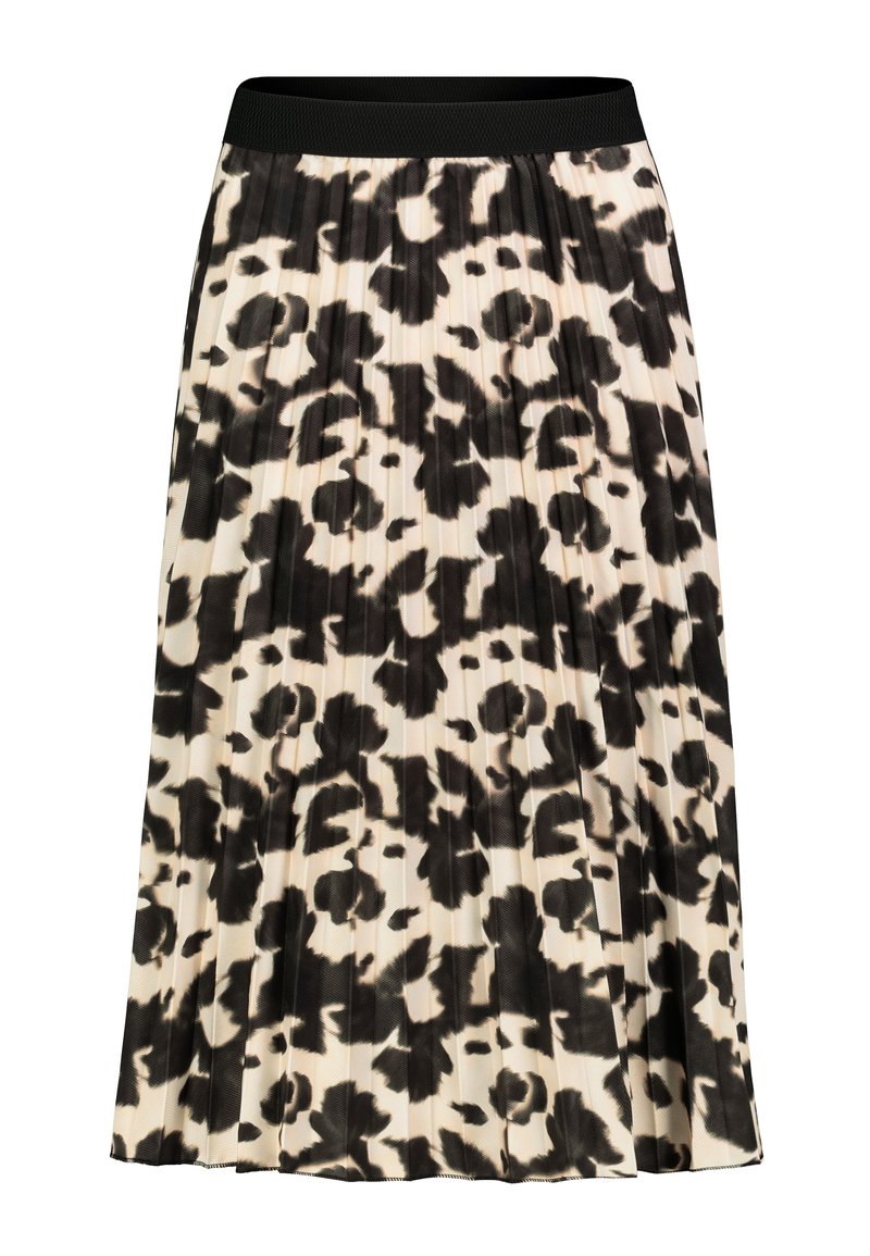 Faltrock mit einem schwarz-beigen Leopardenmuster, ausgestattet mit einem schwarzen elastischen Bund und einer weichen Textur.
