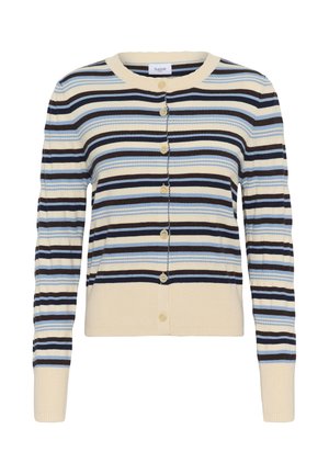 Roomkleurige cardigan met horizontale strepen in blauw, zwart en lichtbruin, voorzien van een ronde hals en knopen aan de voorkant.