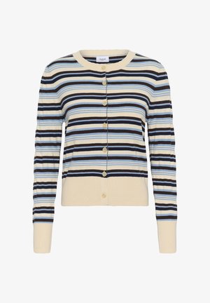 Kermanvärinen neuletakki, jossa sinisiä, mustia ja vaaleanruskeita vaakaraitoja, pyöreä pääntie ja edessä napit.