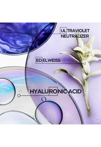 Weiße Edelweißblume mit sich überlappenden, durchscheinenden Blasen in violetten und blauen Farbtönen, beschriftet mit Ultraviolett-Neutralisator und Hyaluronsäure.