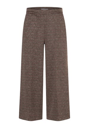 Bruine geruite wijde broek van textuurstof, met een gestructureerde tailleband en subtiele meerkleurige accenten in het patroon.