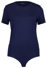 Mörkblå kortärmad bodysuit i mjukt tyg. Har en rund halsringning och en tajt passform, med en sömlös design i botten.