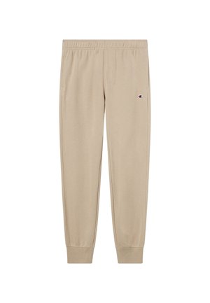 Pantalones deportivos beige con cintura elástica, dobladillos con puños y un pequeño logo en el muslo izquierdo. Tela suave, con un ajuste entallado.