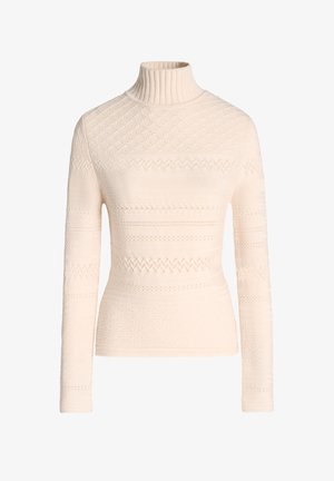 Crème-kleurige coltrui met textuurpatronen, geribbelde kraag en lange mouwen. Bevat verschillende gebreide ontwerpen en heeft een aansluitende pasvorm.