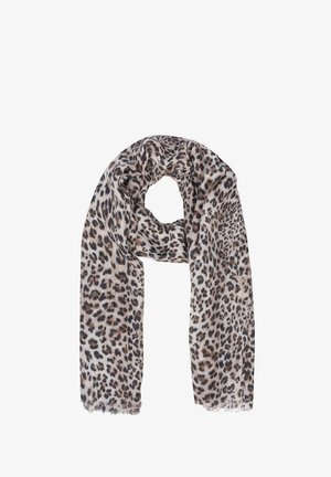 Écharpe à motif léopard en tissu doux, arborant un fond beige clair avec des taches brunes foncées et noires, finie par des bords effilochés.