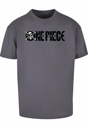 Szara bawełniana koszulka z graficznym logo przedstawiającym czaszkę i skrzyżowane kości oraz napisem "ONE PIECE" w czerni i bieli. Krótkie rękawy.