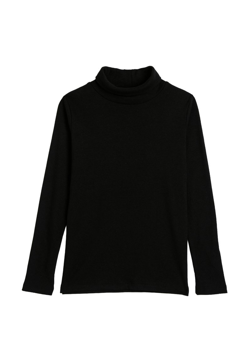 Zwarte lange mouwen turtleneck shirt, gemaakt van ribbelstof, met een fitte vorm en hoog kraagontwerp met een gladde textuur.