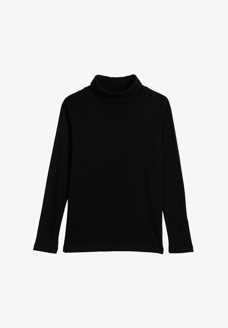 Zwarte lange mouwen turtleneck shirt, gemaakt van ribbelstof, met een fitte vorm en hoog kraagontwerp met een gladde textuur.