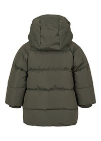 Grön puffjacka, quiltad design, med huva och elastiska manschetter. Har en jämn yta och breda, vadderade sektioner för värme.