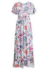 Maxi kjole med V-udskæring og flagrende ærmer, lavet af hvidt stof dekoreret med farverige blomsterprint i pink, blå og grøn.