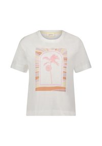 Witte katoenen T-shirt met een grafische print van een palmboom met roze accenten en een zon, omrand door kleurrijke, gebogen lijnen. Korte mouwen.