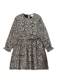 Grünes Kleid mit schwarzem und braunem Leopardenmuster, plissierter Rock, lange Ärmel und eine Bindegürtel-Details. Der Stoff wirkt leicht und strukturiert.