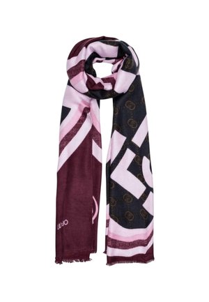 Blødt tørklæde med mørkerøde, lyserøde og sorte geometriske mønstre, med mærket "LIU JO" i den ene ende og frynser på kanterne.