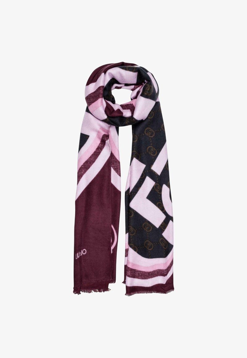 Écharpe douce avec des motifs géométriques rouge foncé, rose et noir, avec le nom de la marque "LIU JO" à une extrémité et des bords à franges.